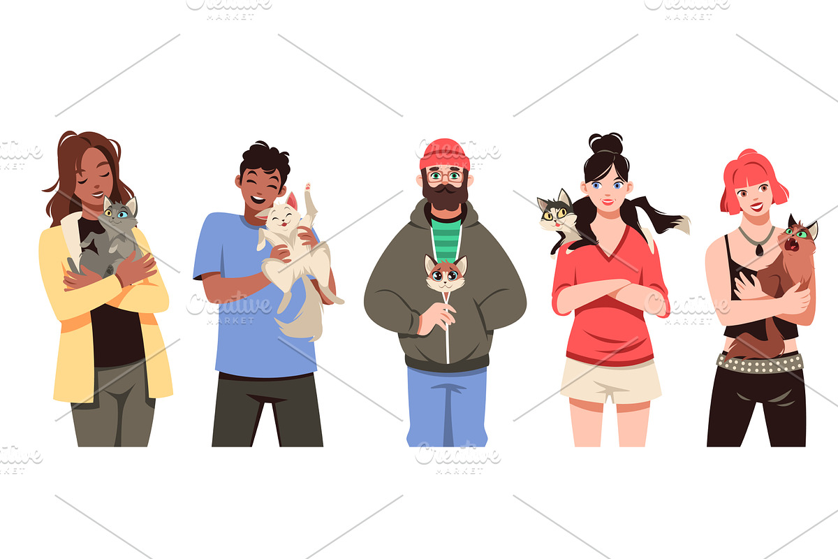 Happy owners with cats. Funny pets, an Animal Illustration by YummyBuum