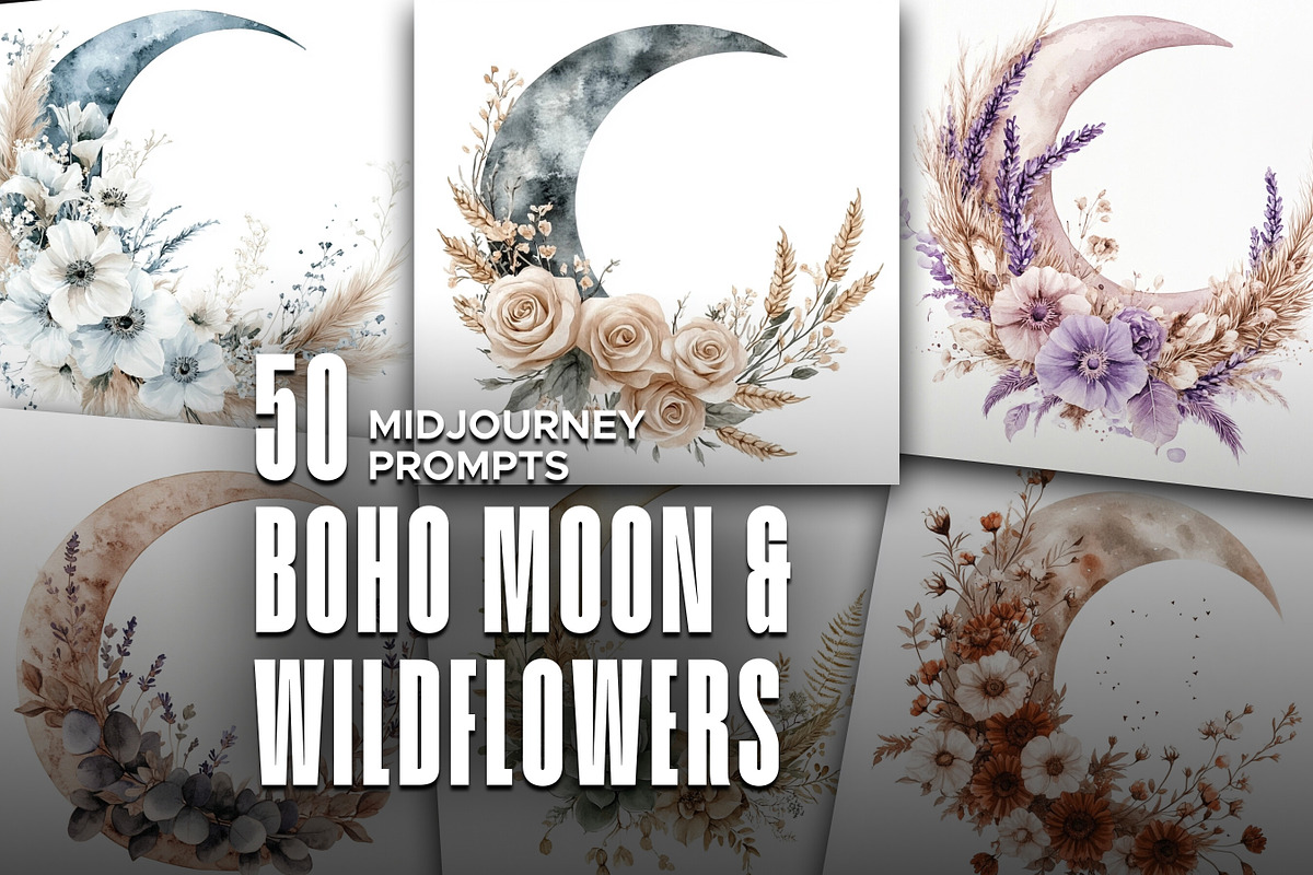 50 Boho Moon & Wildflowers Prompts, an Object Graphic by MadeByAI Studio (Photo 1 of 4)