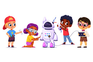 Kids assemble and repair robot, a Person Illustration by Buch&Bee