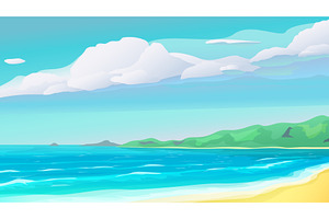 a sunny tropical beach with blue sea, an Illustration by IfH