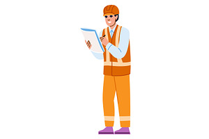 Smiling engineer writing notes on, an Illustration by pikepicture