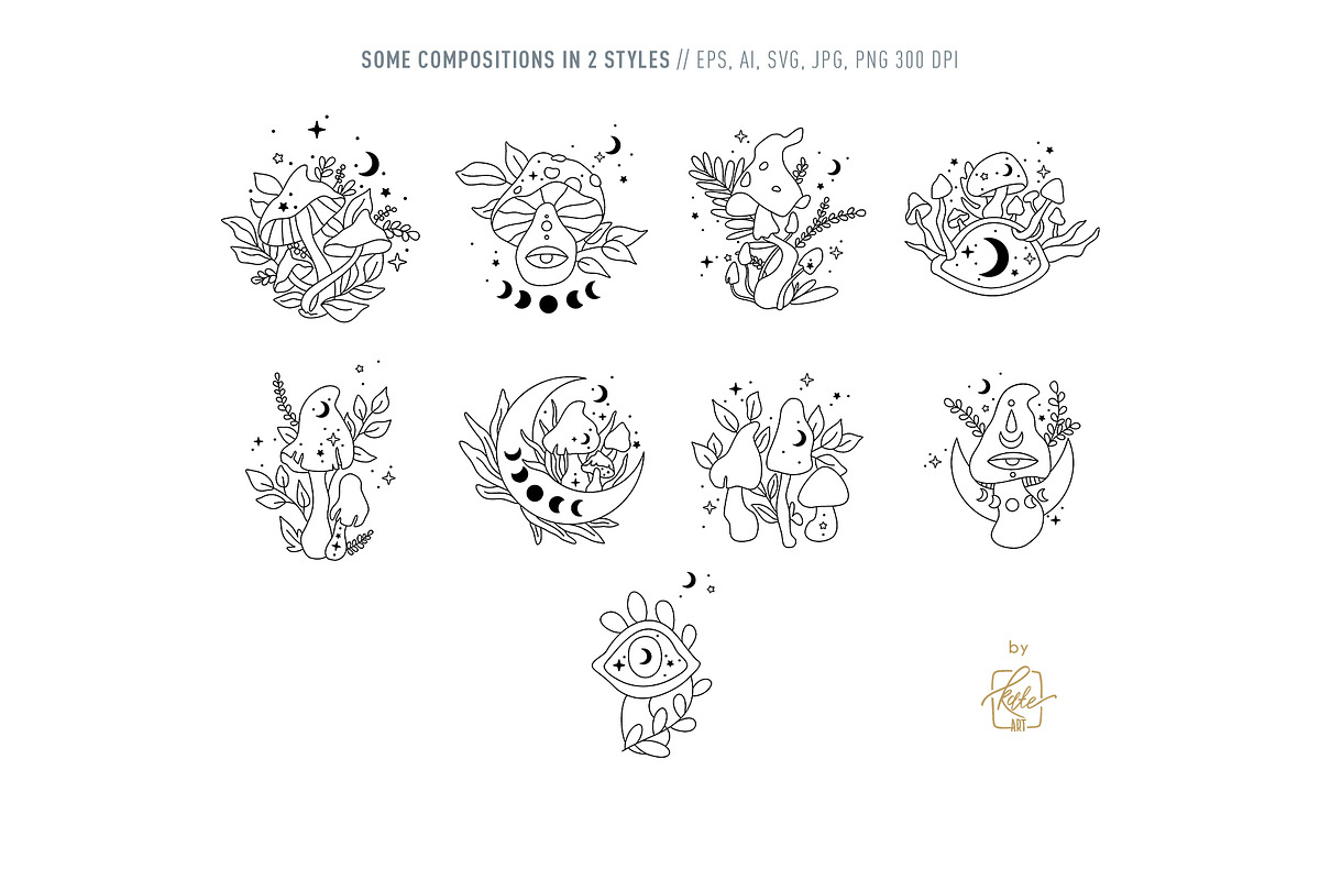 MAGICAL MUSHROOM LINE ART, an Object Illustration by Kate Art (Photo 3 of 10)
