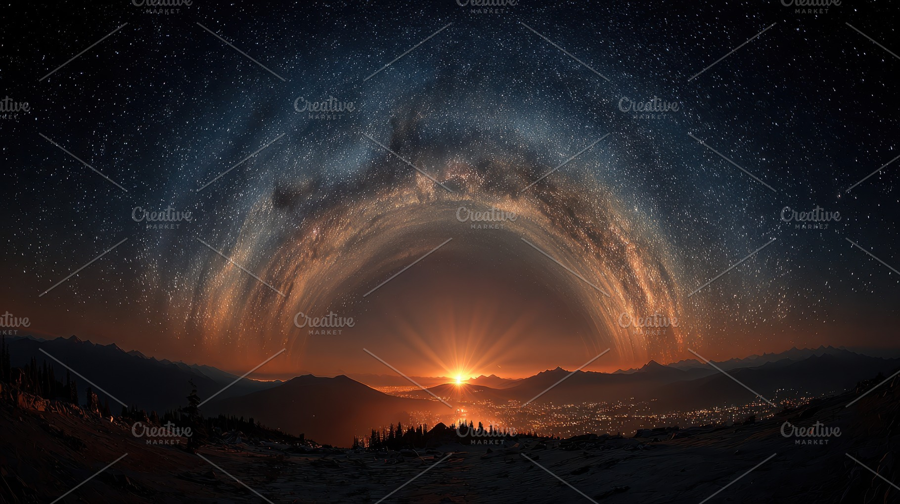Panoramic view of milky way and sunset over mountains, an Abstract Photo by AlyaAnd