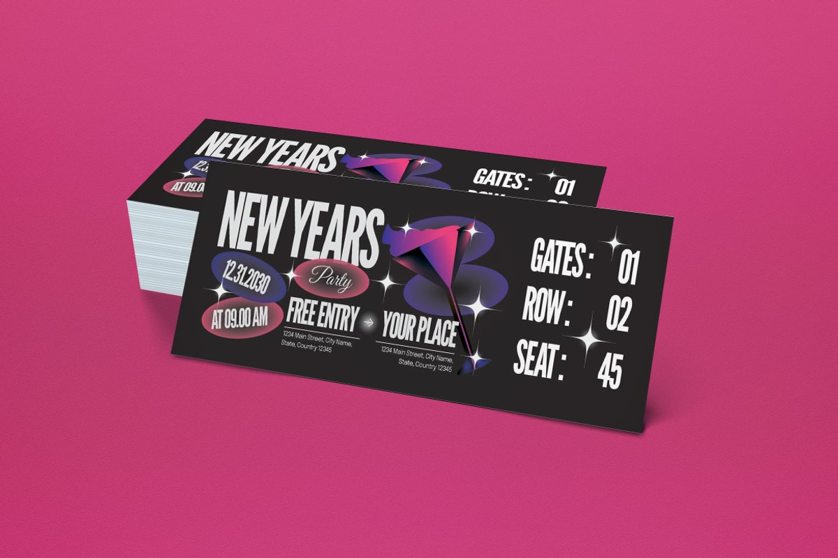 Green Pink New Years Party Ticket, a Card Template by graphicook (Photo 2 of 3)