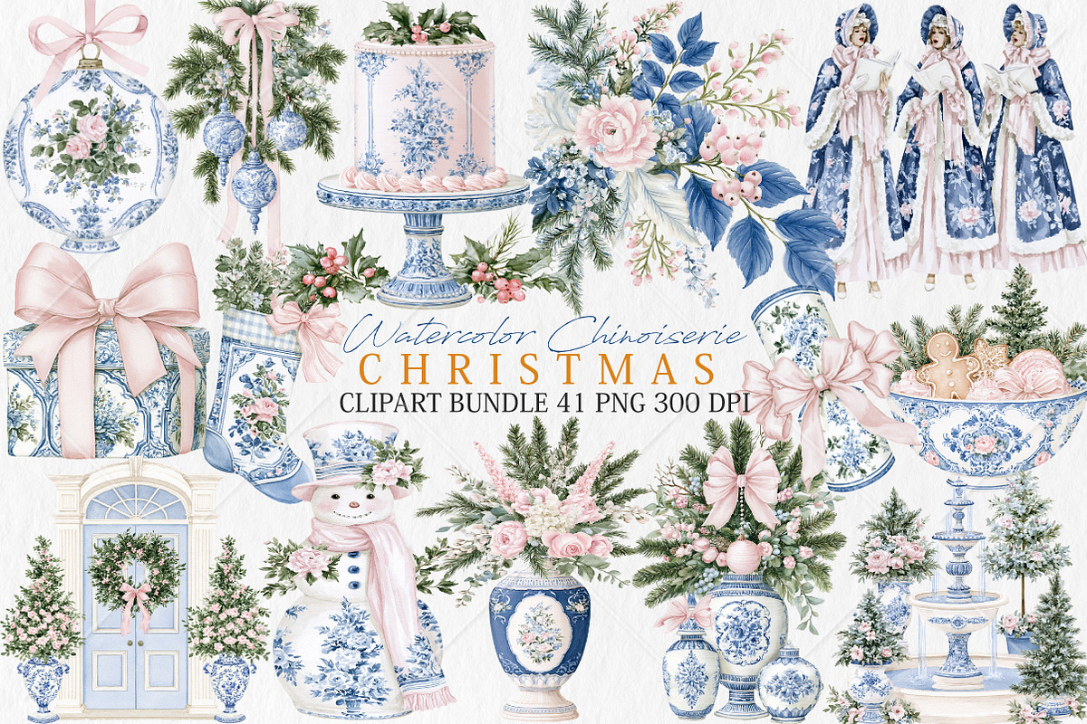 Watercolor Chinoiserie Christmas PNG, a Seasonal Illustration by Canvas Craft (Photo 1 of 10)