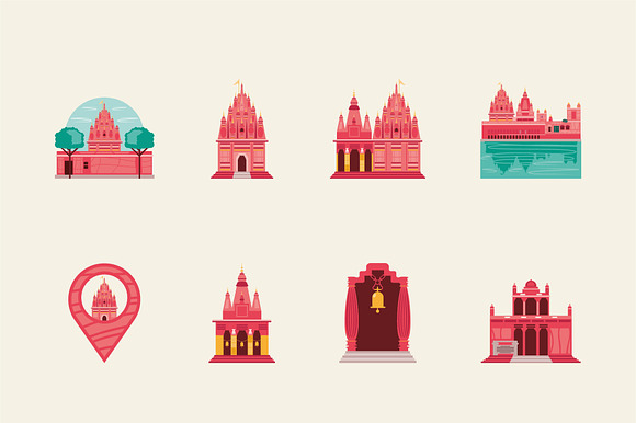 Indian Durga Temple Landmarks Set
