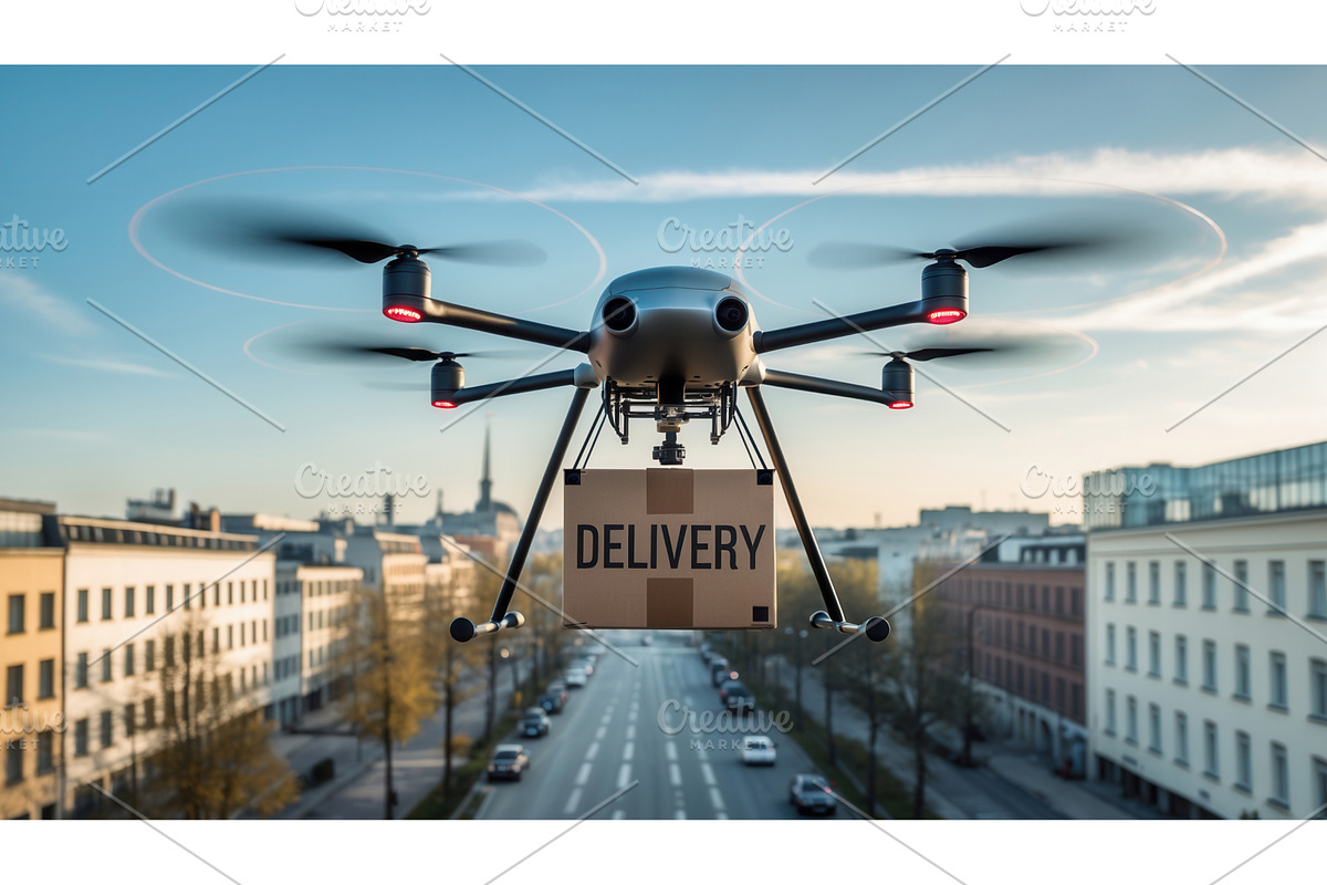 Drone delivering package labeled, an Illustration by tilialucida