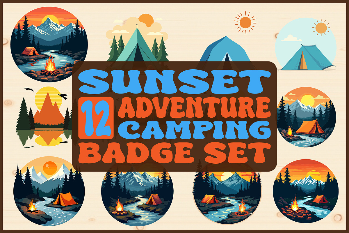 Sunset Adventure Camping Badge Set, an Object Graphic by Designs_River (Photo 1 of 13)