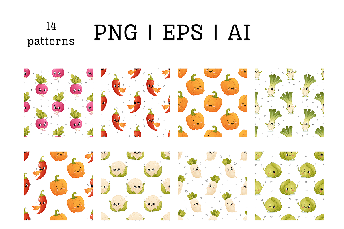 Cute Vegetables Clipart and Patterns, a Food Illustration by Bielousova Art (Photo 3 of 5)