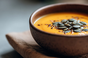 Creamy pumpkin soup served in a bowl, a Food & Drink Photo by MistyDay