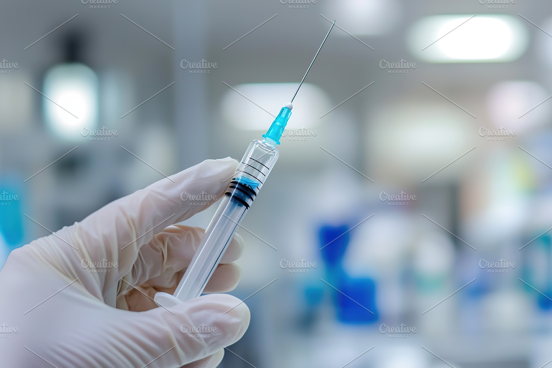 Doctor's hand in medicine glove holding syringe with injection, a Health & Medical Photo by AlyaAnd
