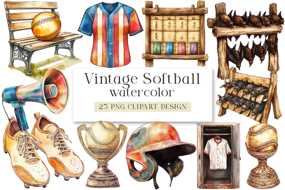 Vintage Softball Clipart, a Seasonal Illustration by DreamArtGraphic (Photo 1 of 4)