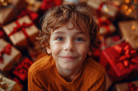 Smiling and excited Young Boy Surrou, a Holiday Photo by angellodeco