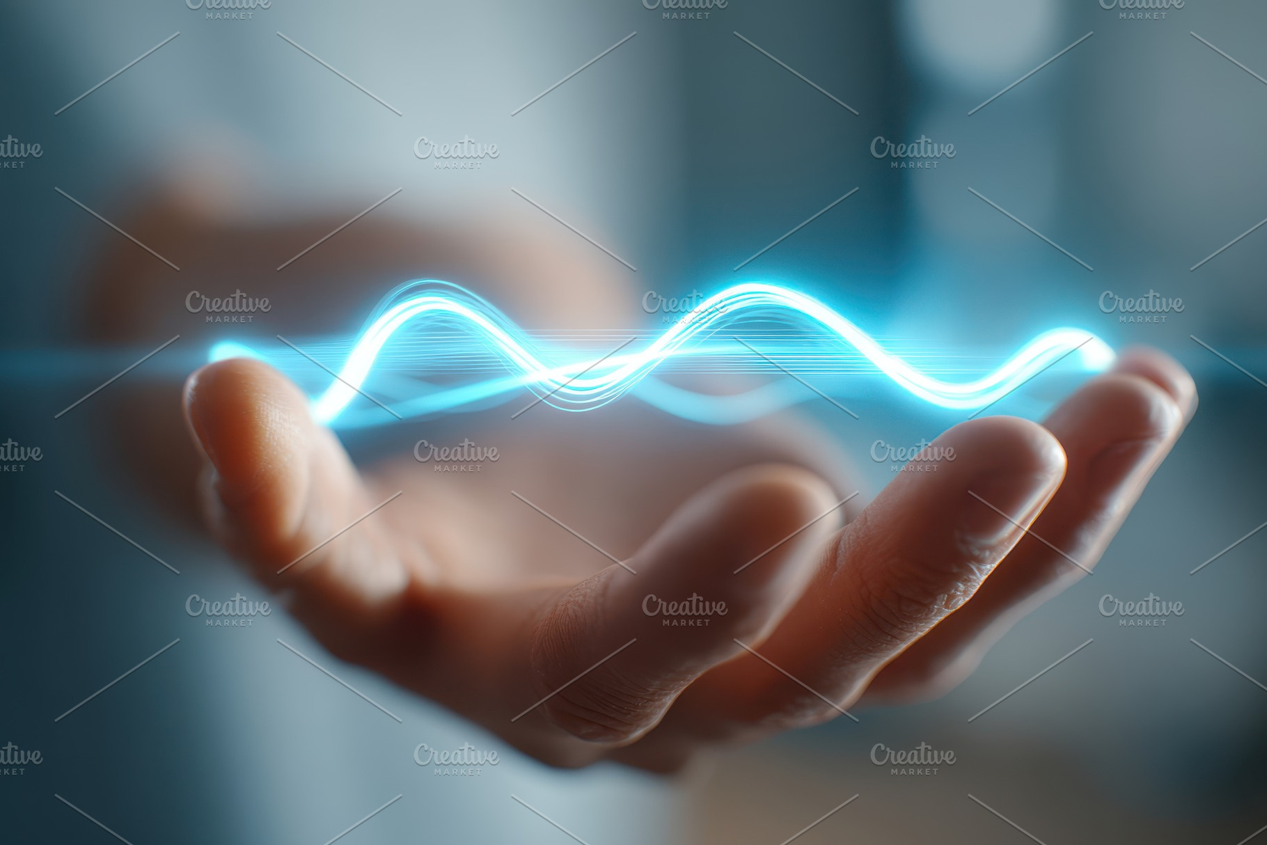 Open hand with glowing blue sound wave, a Technology Photo by AlyaAnd