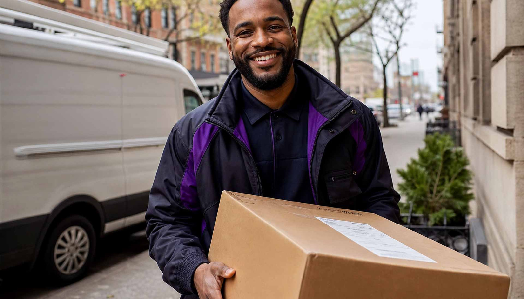 Courier carrying a cardboard box, a Person Photo by Pray Art Design Studio