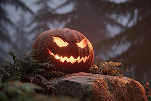 Creepy carved pumpkin glowing in a misty forest during Halloween night, a Holiday Photo by AlyaAnd