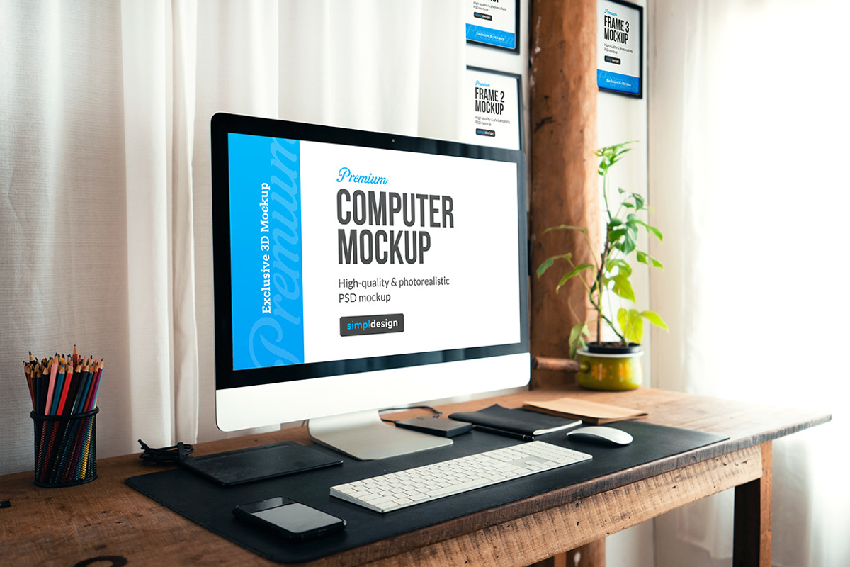 iMac Desk & Poster Frame Mockup, a Mockup by SimplDesign (Photo 10 of 11)