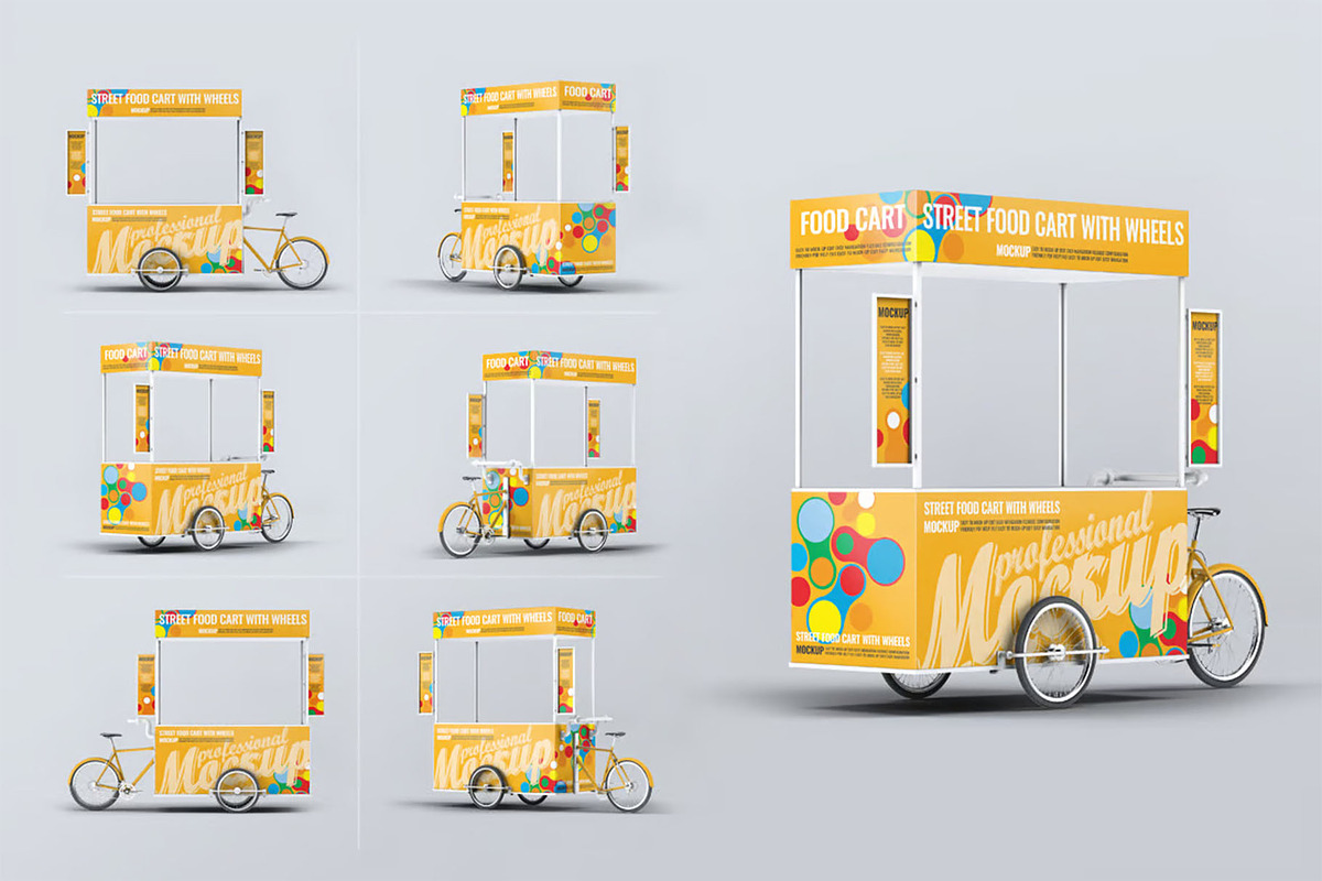 Food Cart Kiosk With Wheels Mock-Up, an Advertising Mockup by DesignRushMarket (Photo 1 of 6)
