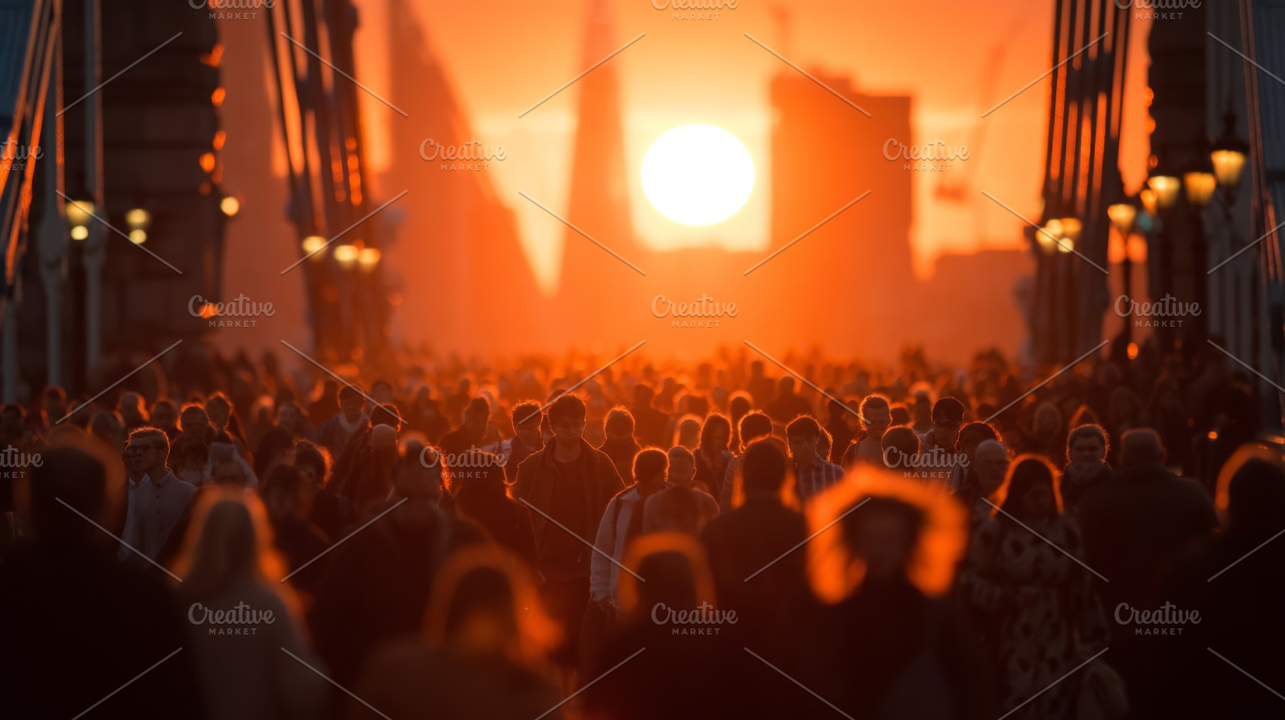 Crowded London Bridge at sunset with busy pedestrian traffic and urban silhouet, a Person Photo by AS photostudio
