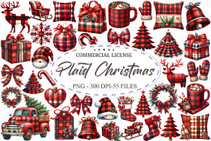 Red Buffalo Plaid Christmas Clipart, an Illustration by designcity5