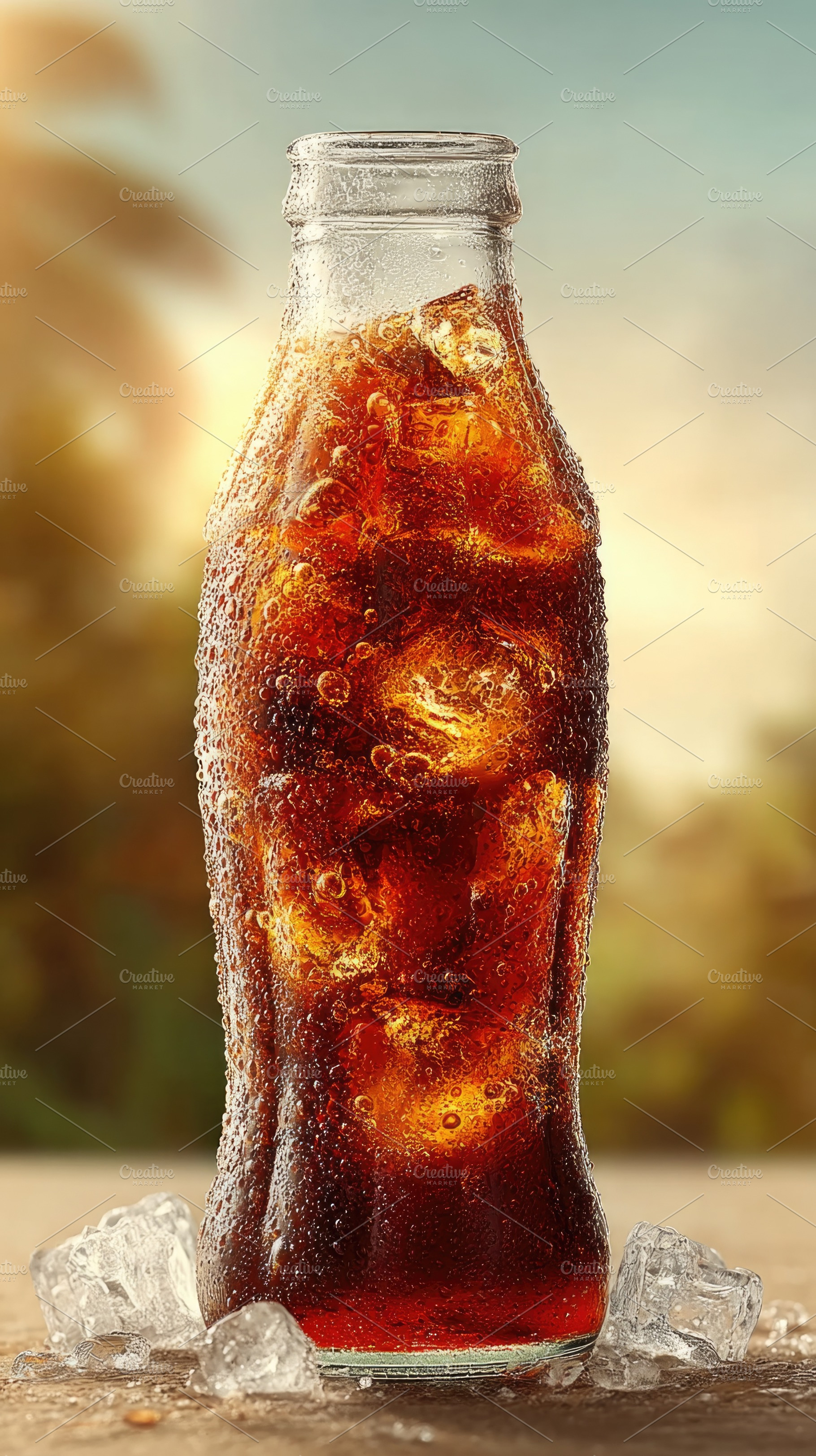 Cold cola drink with ice in glass bottle, refreshing summer beve, a Food & Drink Photo by José Manuel Gelpi