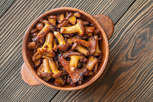 Rustic bowl with fried chanterelles, a Food & Drink Photo by Alexander Prokopenko