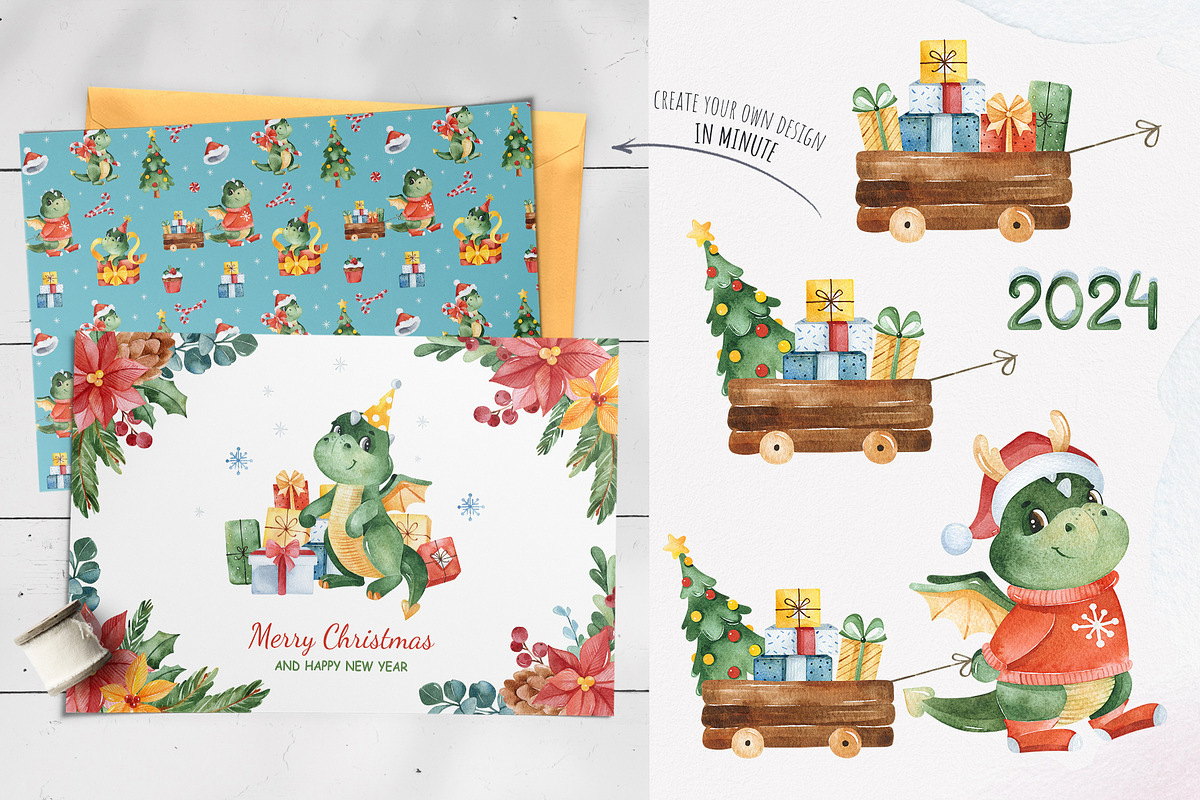 Dragon Christmas. Watercolor set., a Seasonal Illustration by Kate_Rina (Photo 10 of 13)