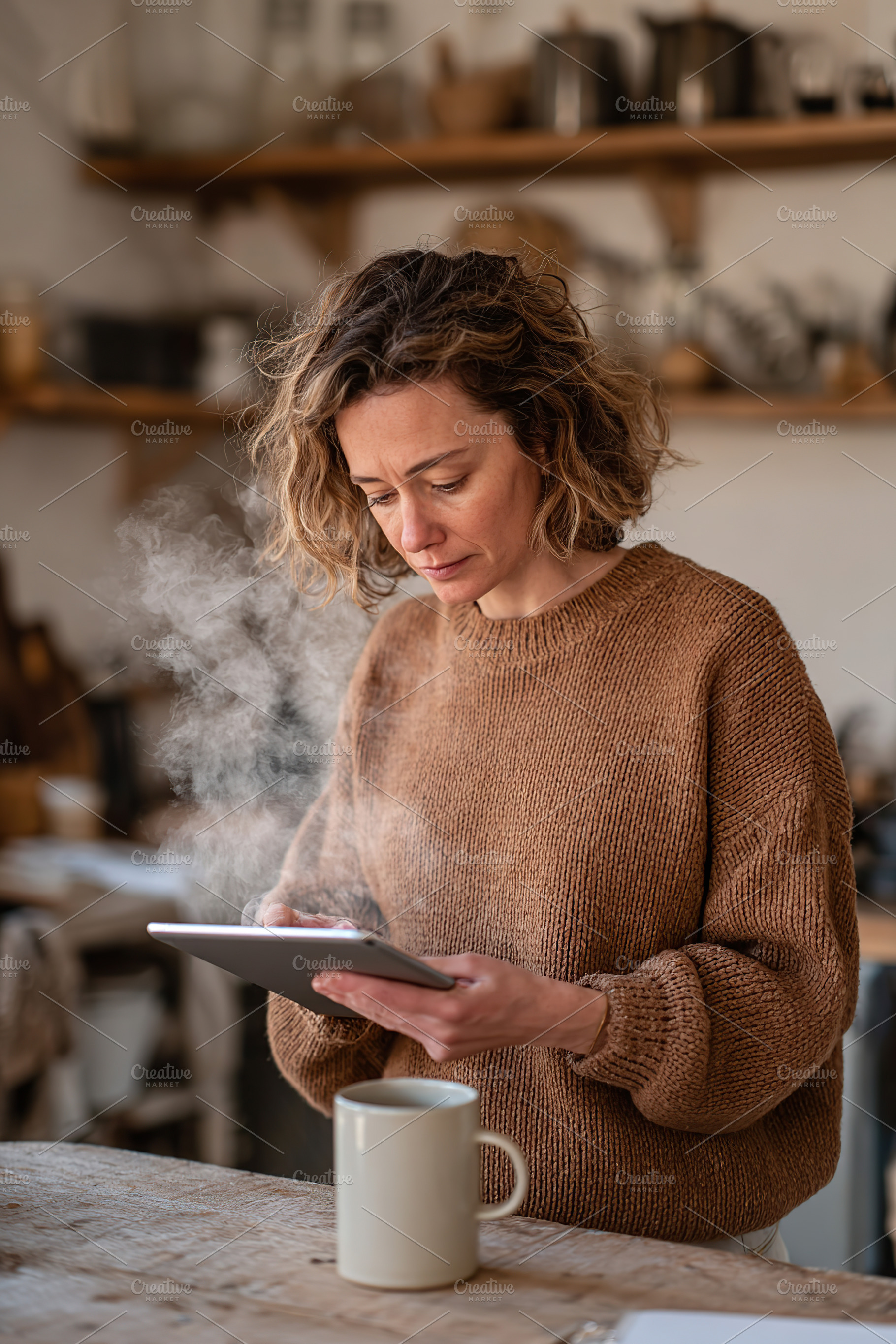 Woman enjoying coffee while using tablet in cozy kitchen setting during morning, a Person Photo by AlyaAnd