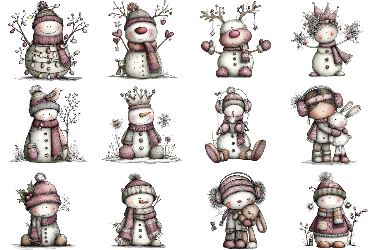 Whimsical Christmas Snowman Clipart, an Illustration by CraftArtStudio (Photo 2 of 6)