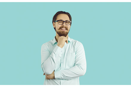 Portrait on light blue background of, a Person Photo by StudioRomantic