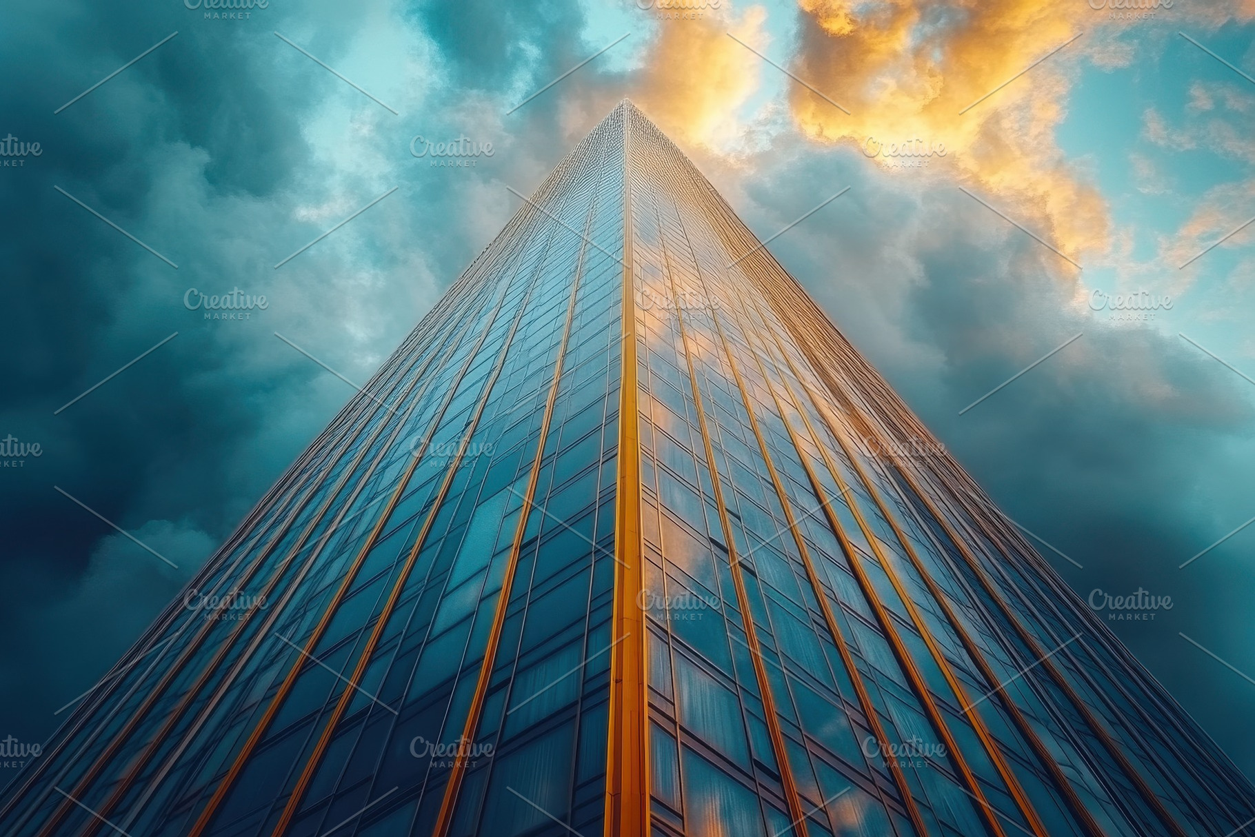 Skyscraper reaching towards an orang, a Photo by Tanuart