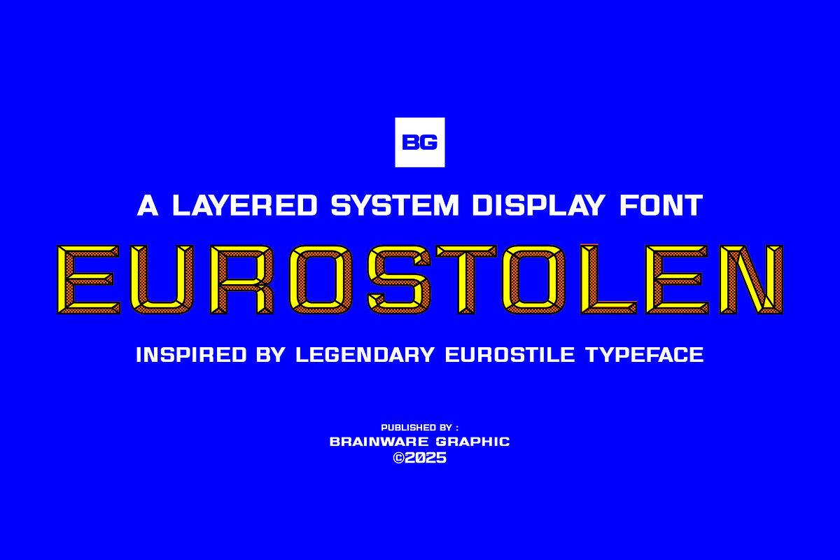 Eurostolen - A layered font, a Sans Serif Font by Brainware Graphic (Photo 1 of 10)
