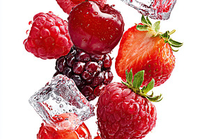 Fresh cherries, raspberries, and blackberries with ice cubes create a vibrant s, a Food & Drink Photo by AlyaAnd