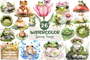 Spring Frogs Watercolor Clipart, an Illustration by CreationArt