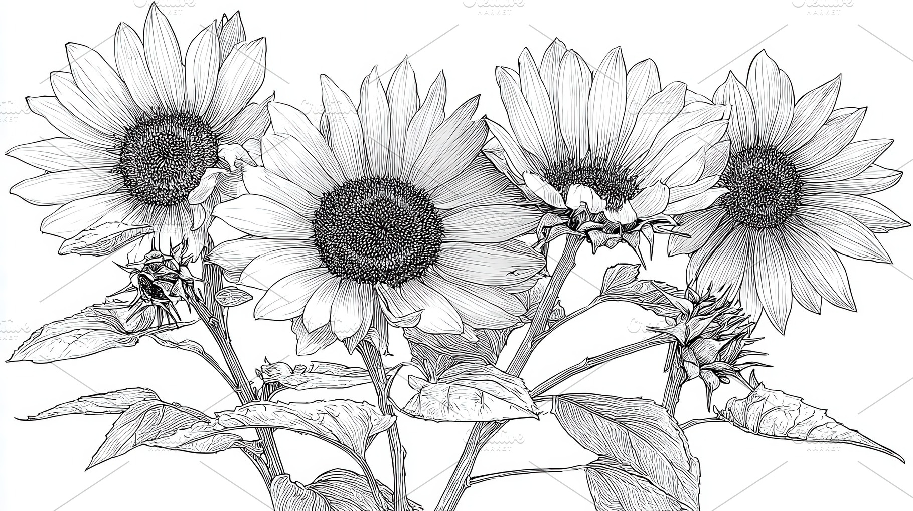 Sunflowers in detailed line art, a Photo by Pavel_design