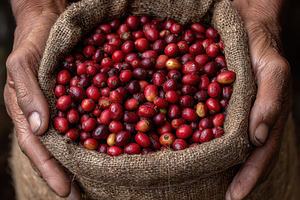 Workers hold a bag of freshly picked, a Photo by Pavel_design