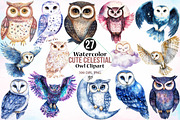 Watercolor Cute Celestial Owl Clipar, an Illustration by Canvas Craft (Thumbnail 1 of 3)