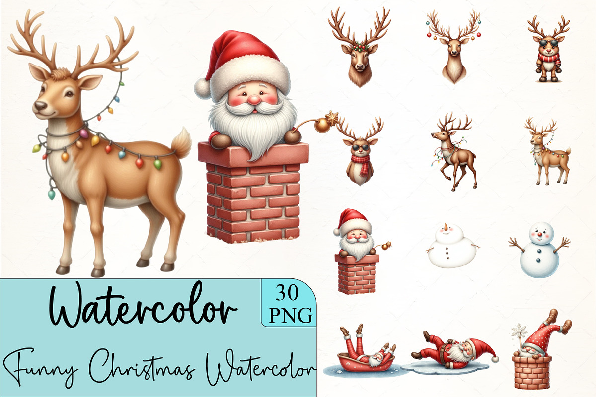 Funny Christmas Watercolor Clipart, an Illustration by CrexoraLab (Photo 1 of 5)