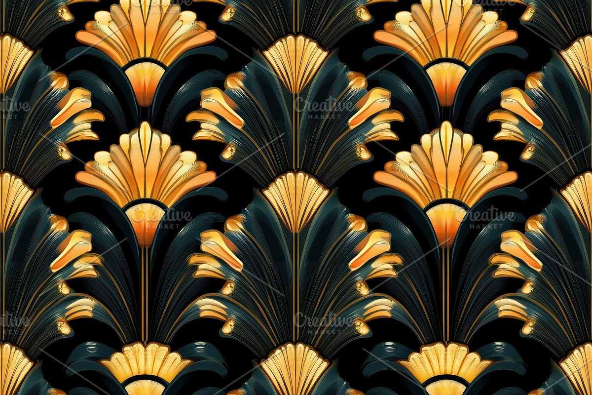 Seamless art deco pattern featuring elegant golden fan shapes on a dark backgro, a Pattern Graphic by Textures & Backgrounds