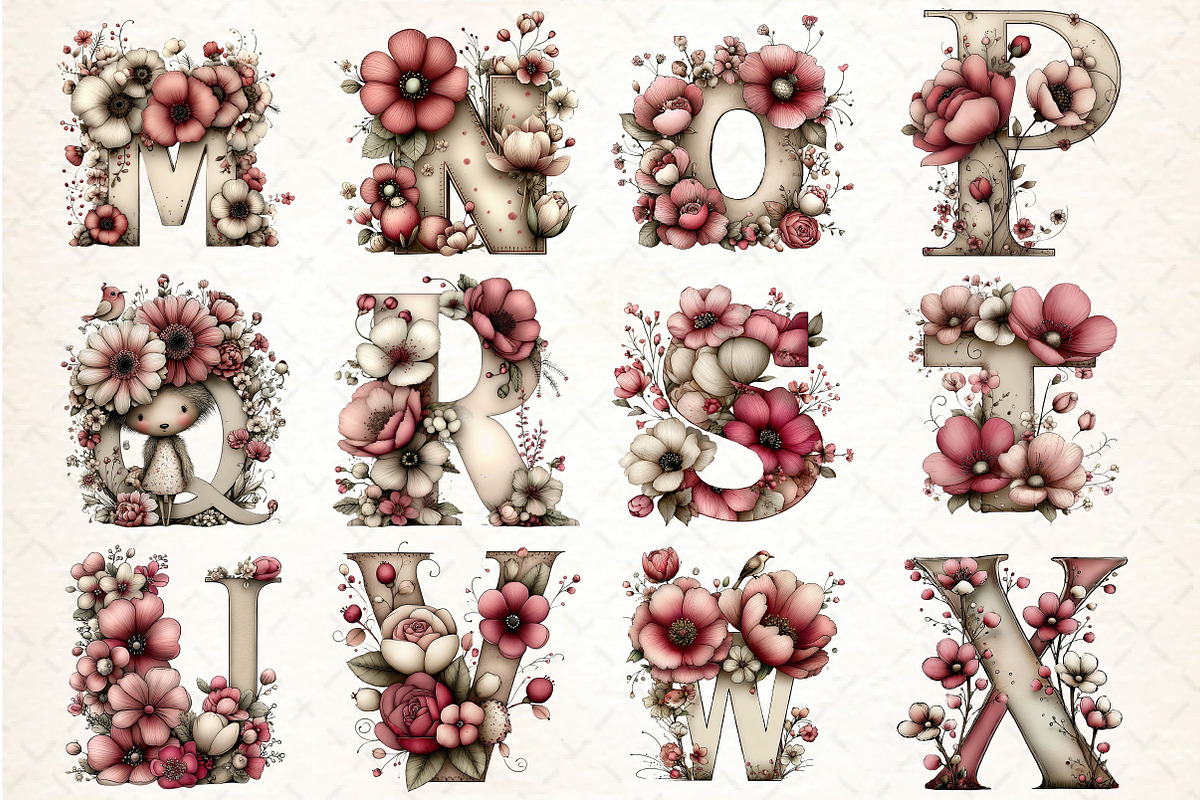 Floral Baby Alphabet Clipart Set, an Illustration by DreamCafeArt (Photo 3 of 4)