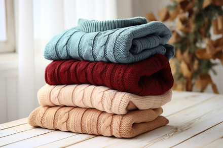 Stack of knitted sweaters on white wooden background, a Beauty & Fashion Photo by AlyaAnd