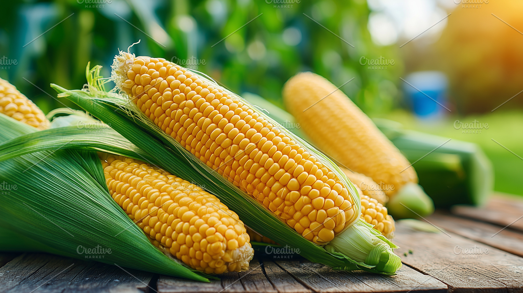 Ripe corn cobs on a wooden table, a Food & Drink Photo by MistyDay