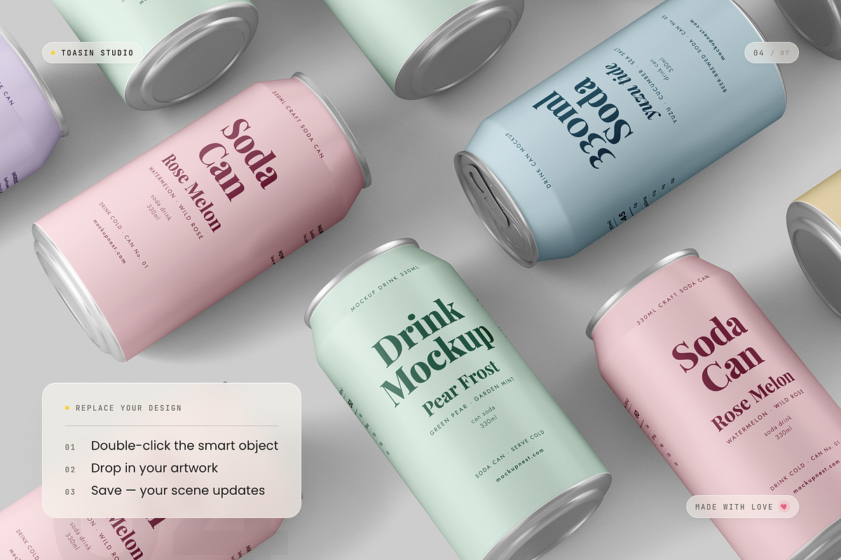 330ml Soda Can Mockup, a Packaging Mockup by Toasin Studio (Photo 4 of 7)