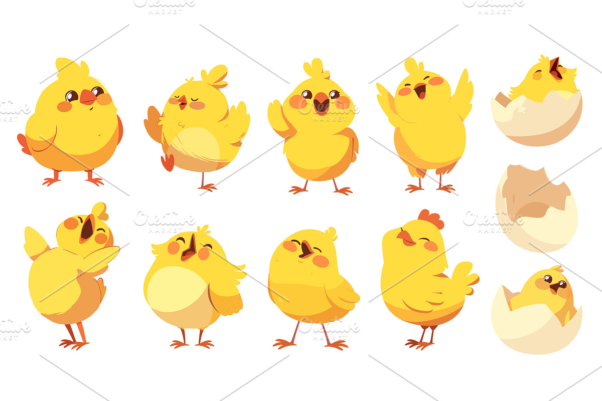 chickens cartoon set. yellow chick, an Animal Illustration by Stock-Smart-Start