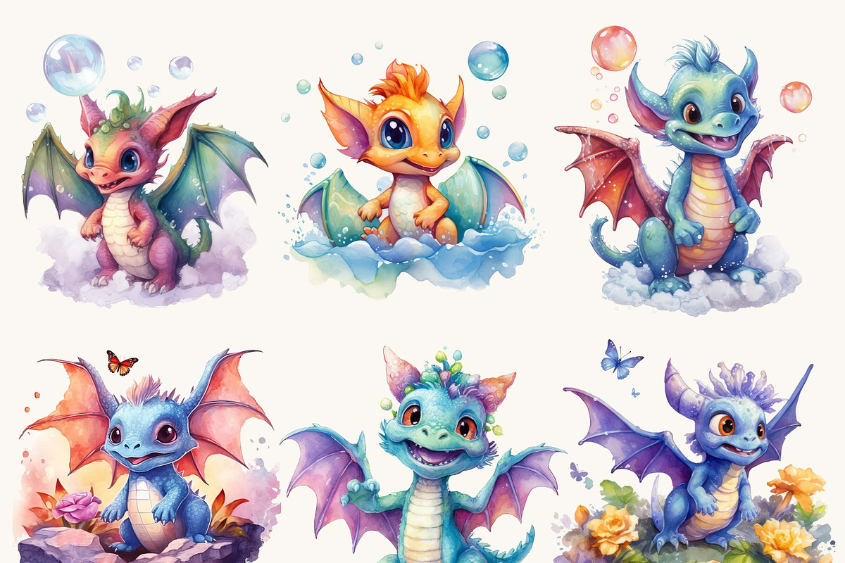 Watercolor Baby Dragon Clipart, an Animal Illustration by BusyDaydesign (Photo 3 of 9)