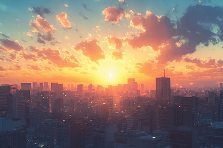 Urban skyline at sunset with vibrant, a Photo by Iftikhar Alam