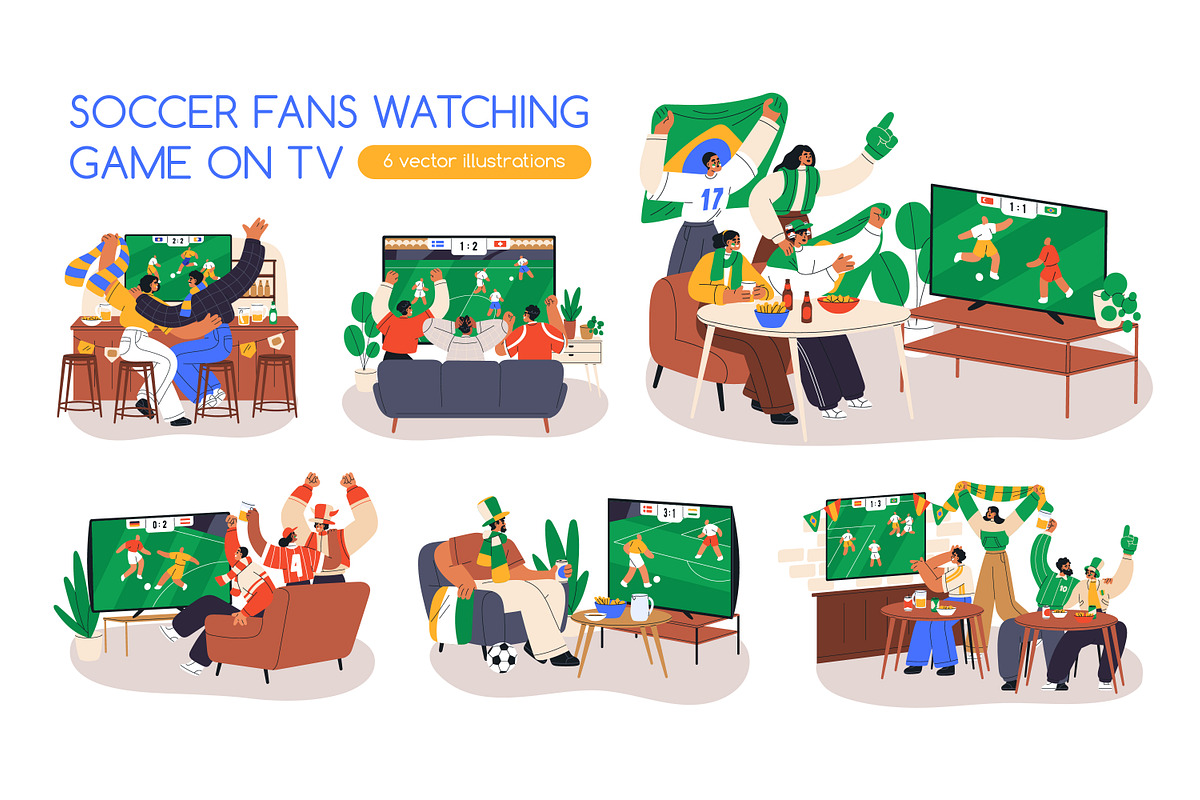 Sports fans watch soccer game on TV, a Sport Illustration by Good Studio (Photo 1 of 7)