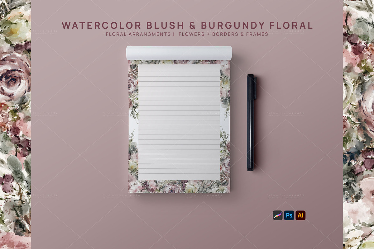 Blush & Burgundy Watercolor Flowers, a Texture Illustration by slowlivecreate (Photo 3 of 6)
