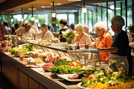 Enjoying buffet in restaurant, with, a Photo by SaroStock