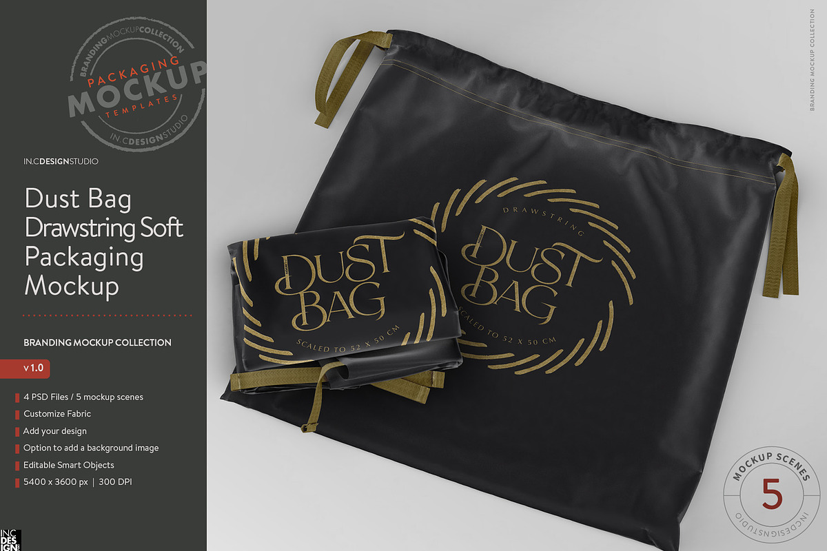 Drawstring Dust Bag Packaging Mockup, a Packaging Mockup by INCDesign (Photo 1 of 9)